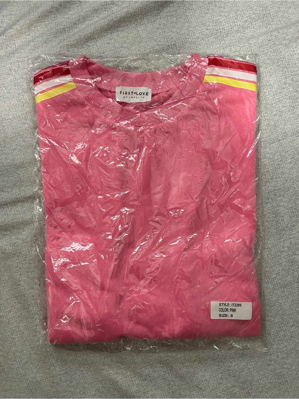 First Love Pink Crew Pullover with Red and Yellow Shoulder Stripes